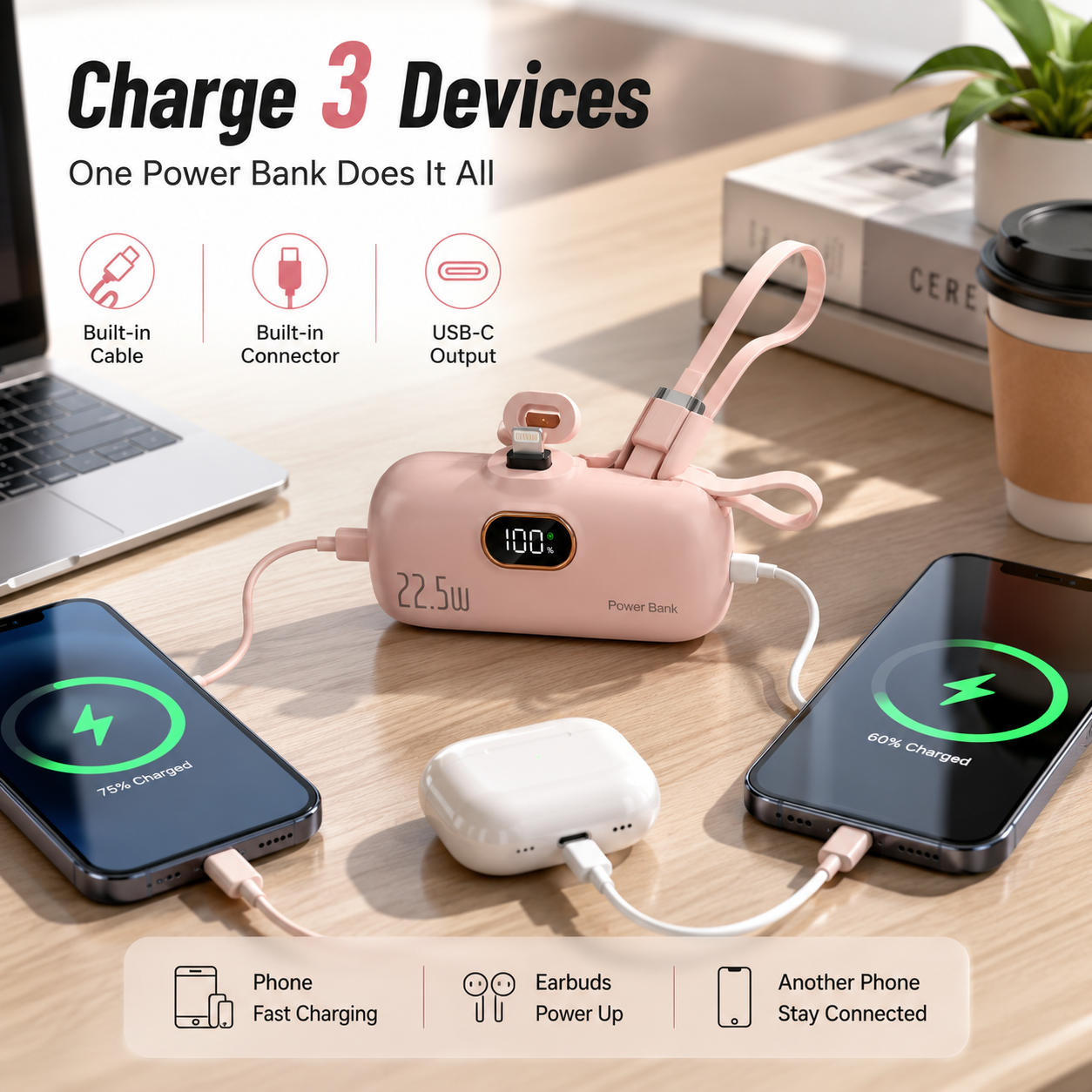 🔋 Pocket Power Bank With Built-In Cable – 22.5W Fast Charging