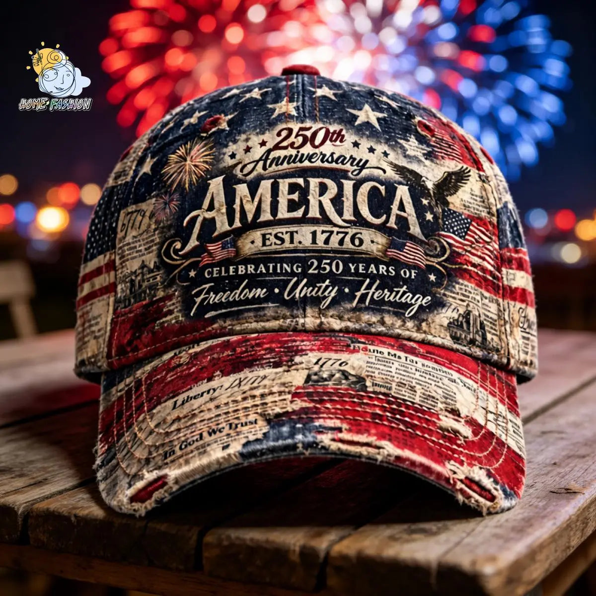 250th Anniversary Baseball Cap Distressed American Flag Print Sun Hat