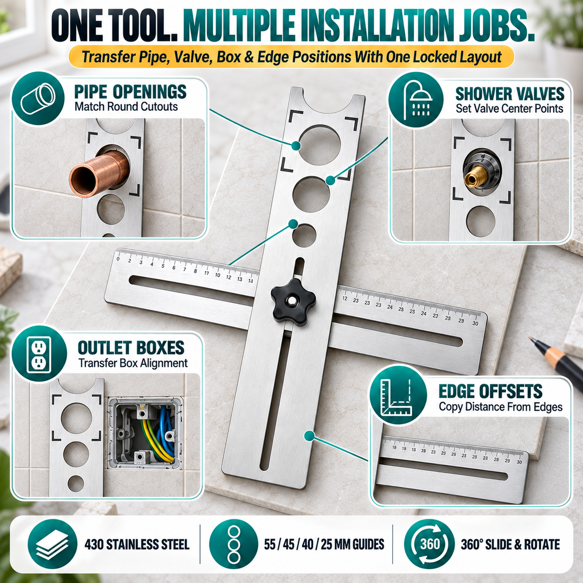 Adjustable locator ruler used for pipe outlet shower valve and edge layouts