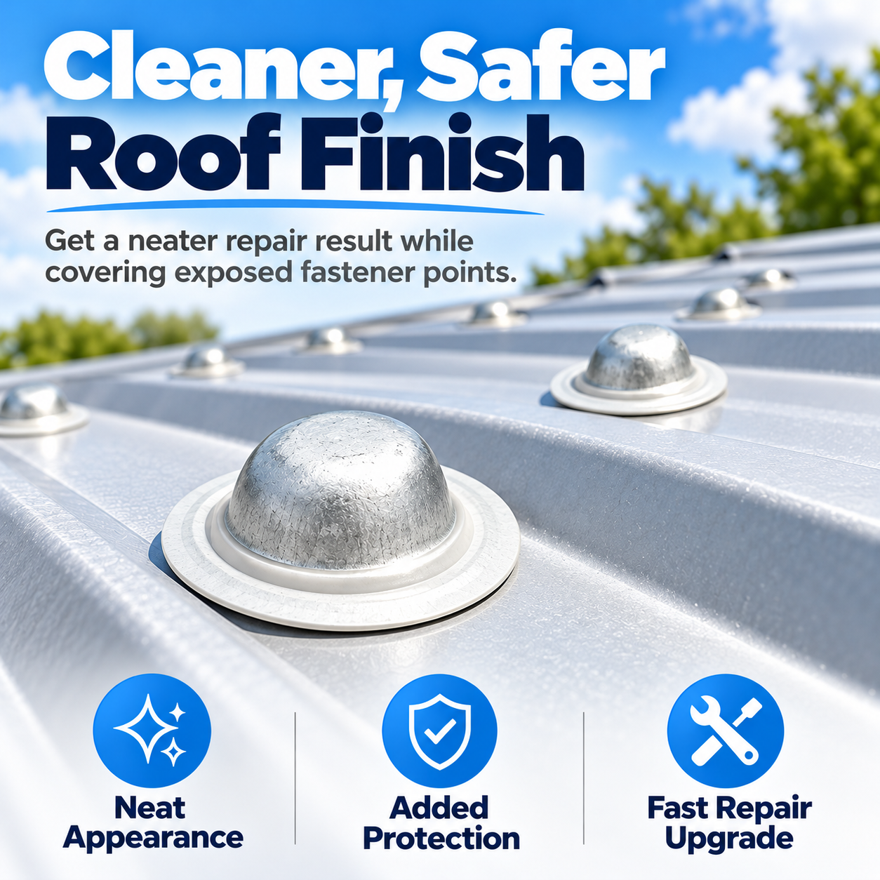 Multiple silver roof screw cover domes evenly arranged across metal roof panels for clean finished appearance