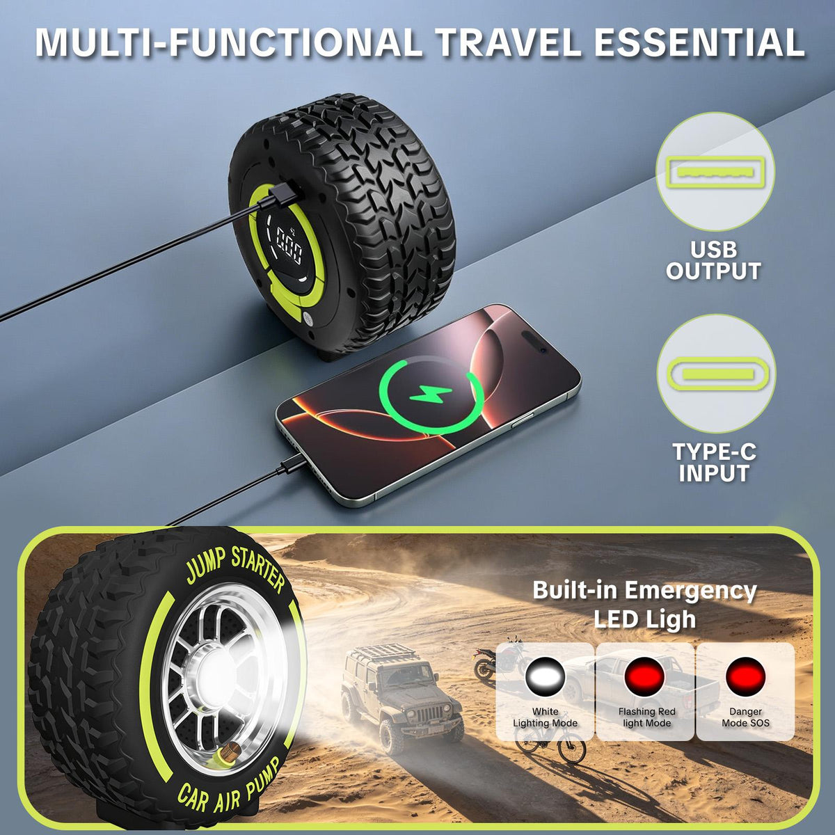 Electric Portable Tire Inflator, 6000mAh, 120 PSI Inflator with LED light, DC12V Jump Starter - Ideal for Rapid Inflation of Motorcycles/Bicycle/Balls, Road Trips, Emergencies and Daily Use toolupgrade