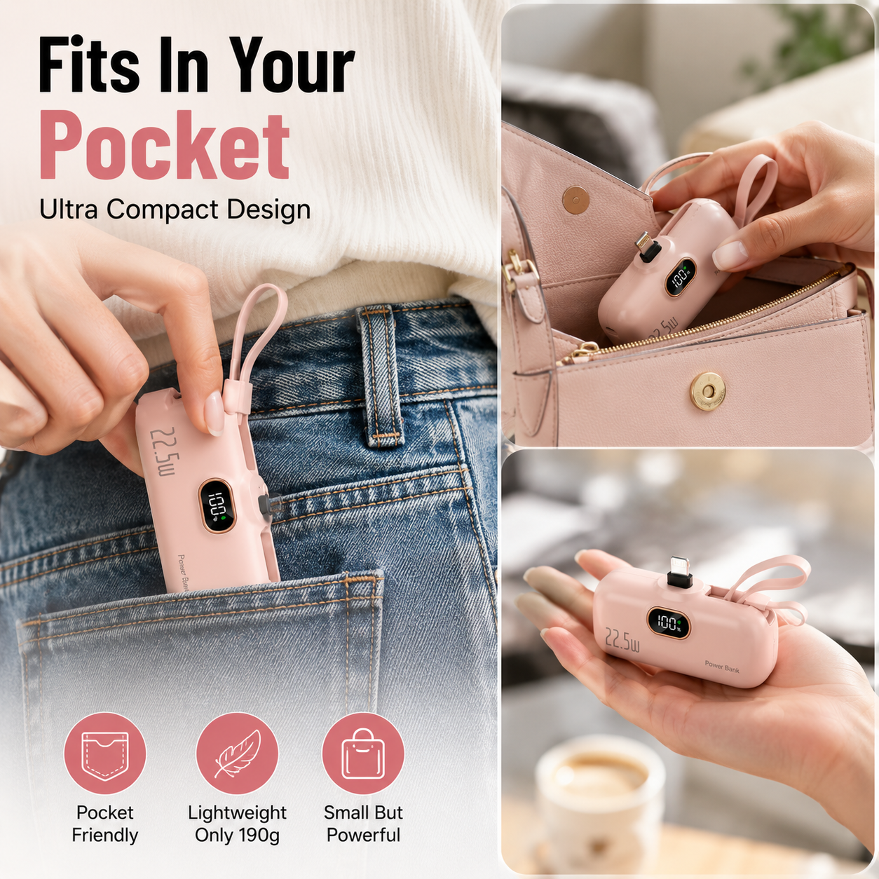 🔋 Pocket Power Bank With Built-In Cable – 🔥22.5W Fast Charging