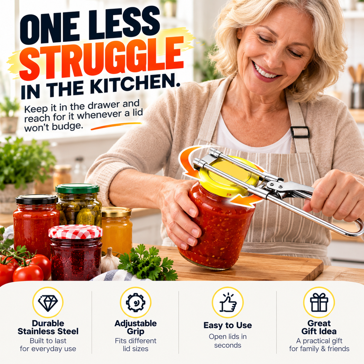 Person using adjustable stainless steel jar opener in an everyday kitchen