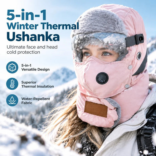 Pink 5-in-1 thermal winter ushanka with removable mask and goggles