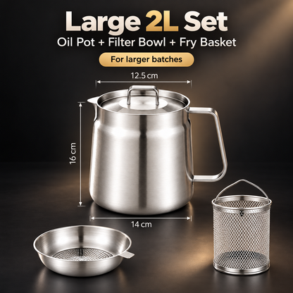 🍟✨ 3-in-1 Stainless Steel Deep Fryer Pot with Oil Filter & Fry Basket 🥘💧 304 Stainless Steel Cooking Oil Strainer & Storage Container 🍗🔥 Easy-Pour Design for Home Kitchen 🍳💖 1.5L/2L Available