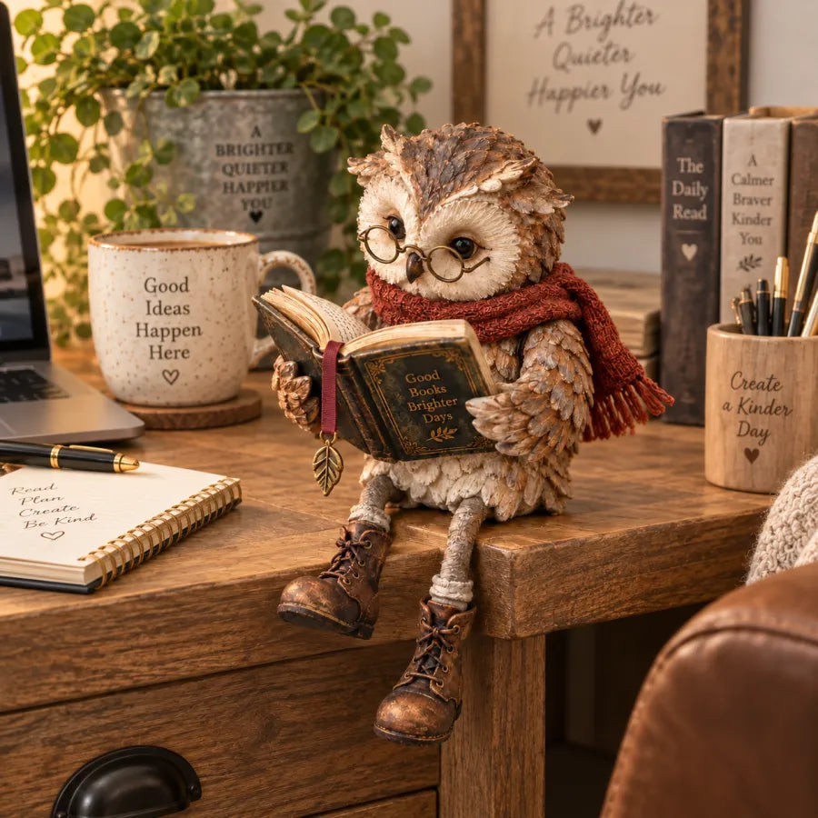 Reading owl figurine displayed on office desk beside notebooks books and coffee