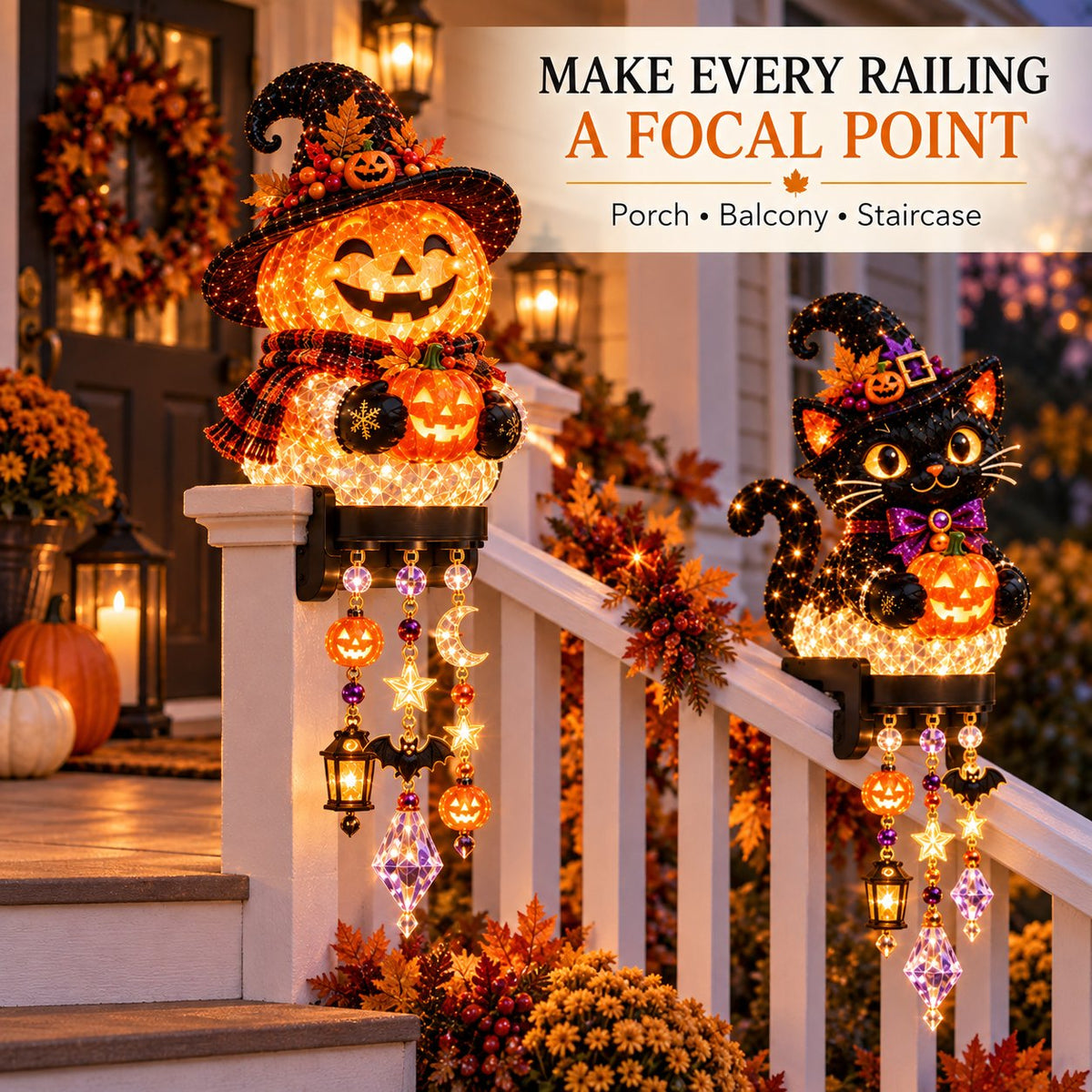 Halloween railing lights on porch balcony and staircase