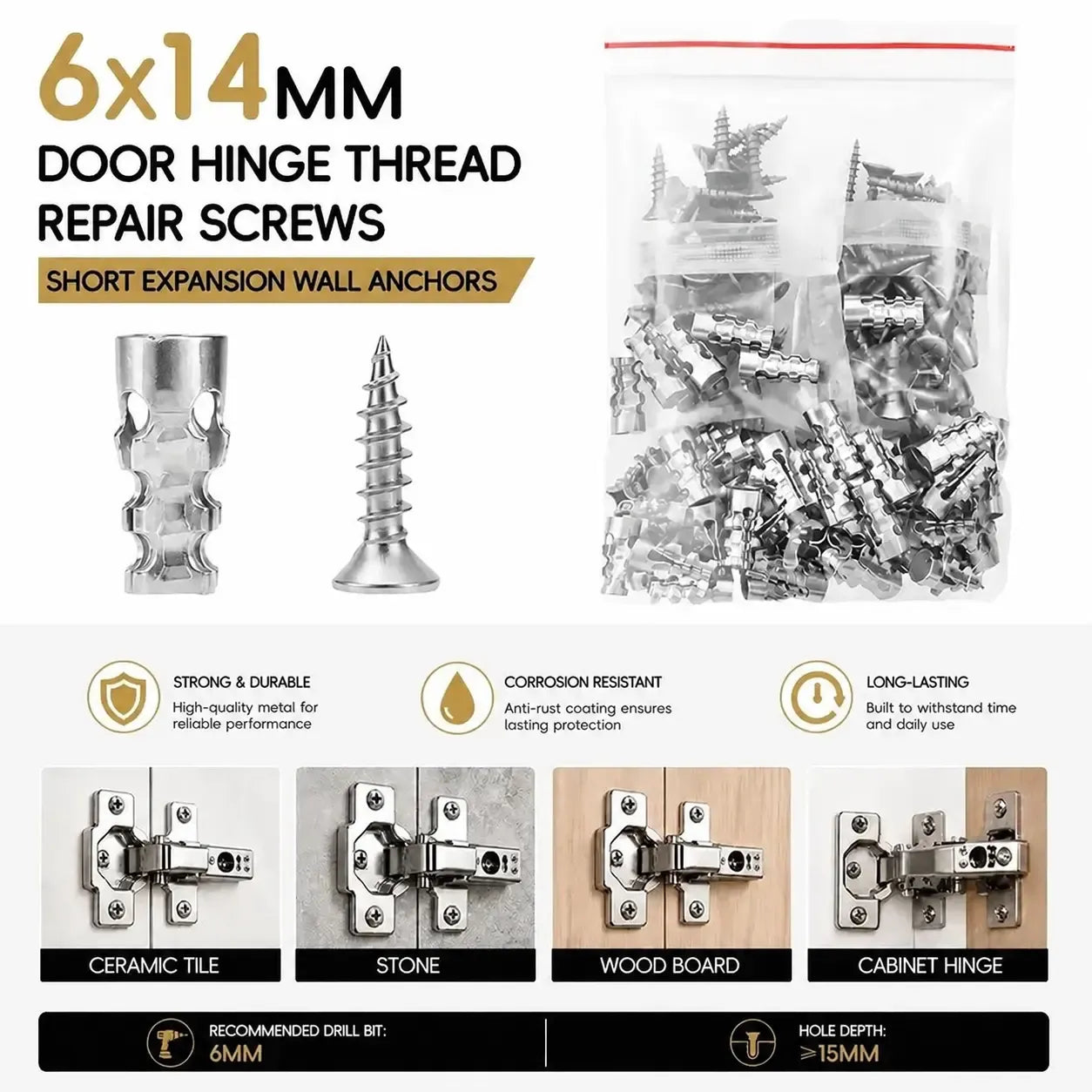 🔩6×14mm Expansion Anchors – Fix Loose Cabinet Hinges & Furniture Screw Holes