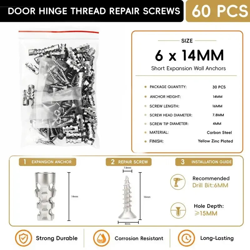 🔩6×14mm Expansion Anchors – Fix Loose Cabinet Hinges & Furniture Screw Holes
