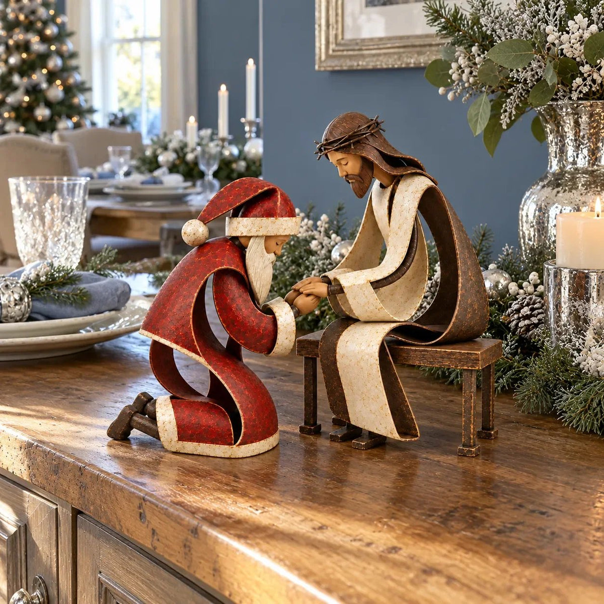 ⏳ Last Day 49% OFF – ✝️ Santa Kneeling Before Jesus Christmas Figurines | Meaningful Wood & Iron Faith Décor 🎄