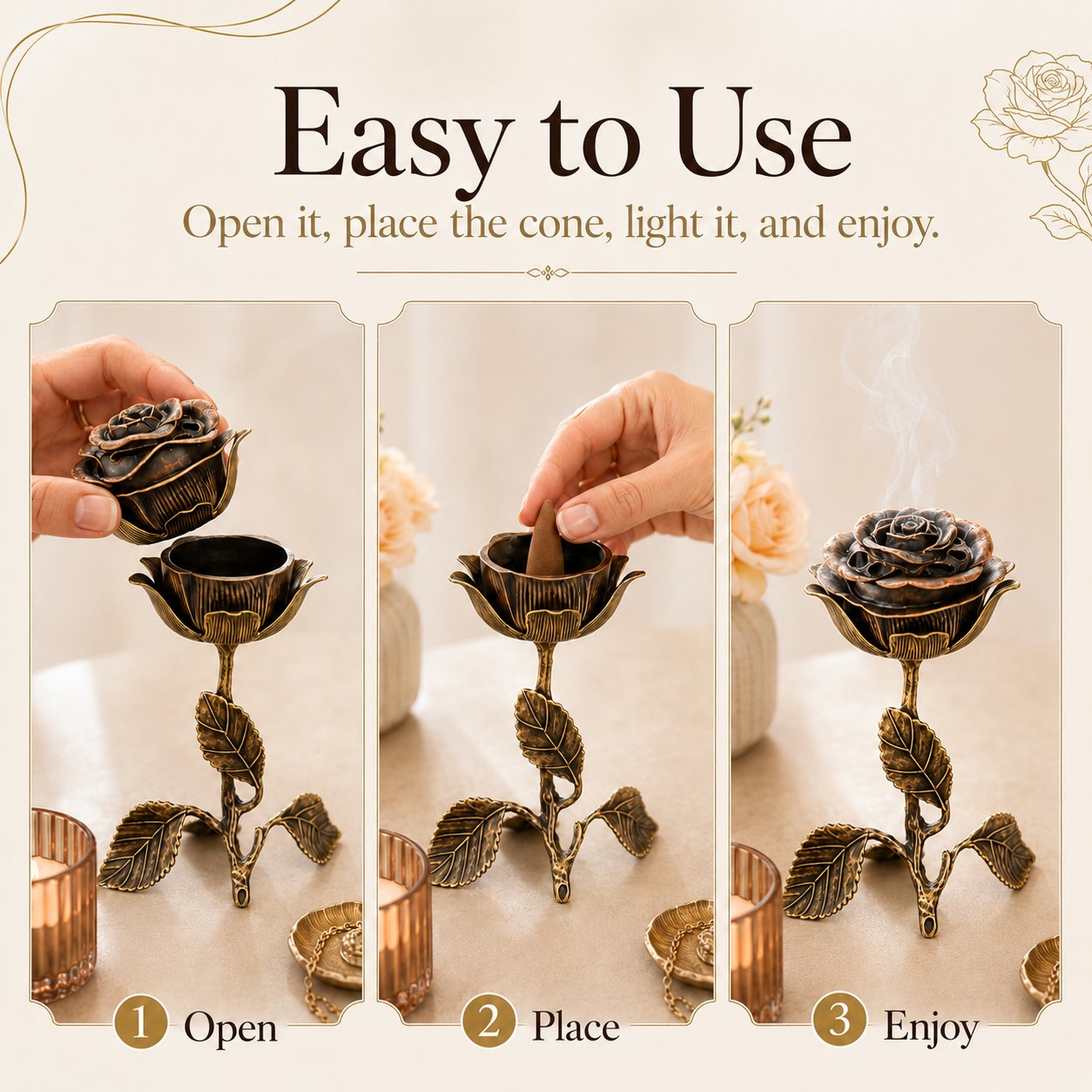 🔥LAST DAY 50% OFF - 🌹💕Vintage Rose Incense Burner – Elegant Metal Incense Holder for Home Décor & Meditation