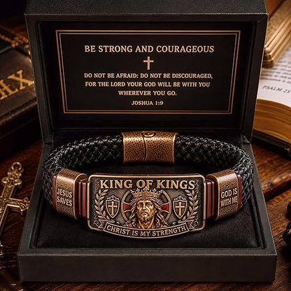 👑King of Kings Faith Bracelet for Men | Christian Braided Leather Bracelet