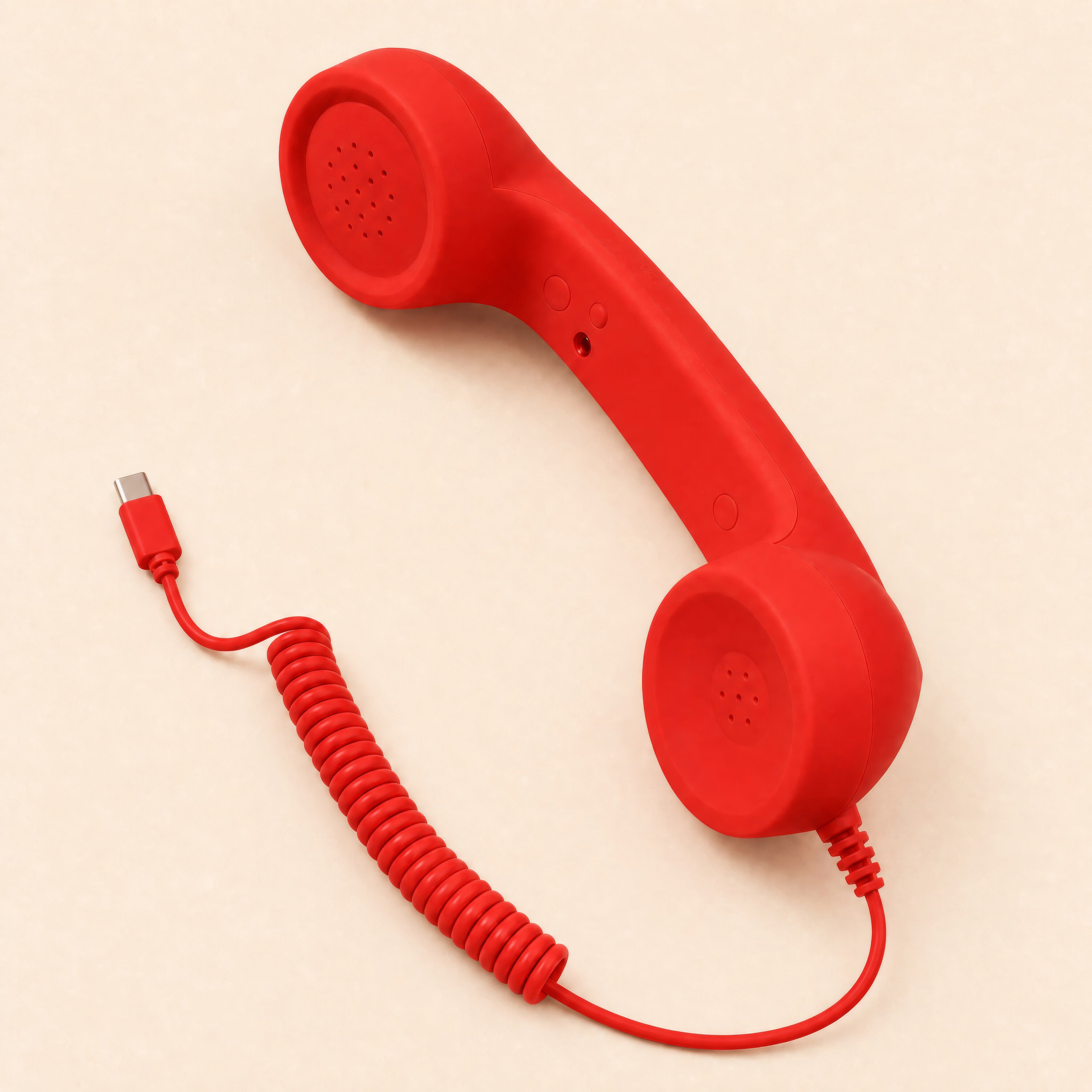 Red retro smartphone handset with USB-C connector and coiled cable