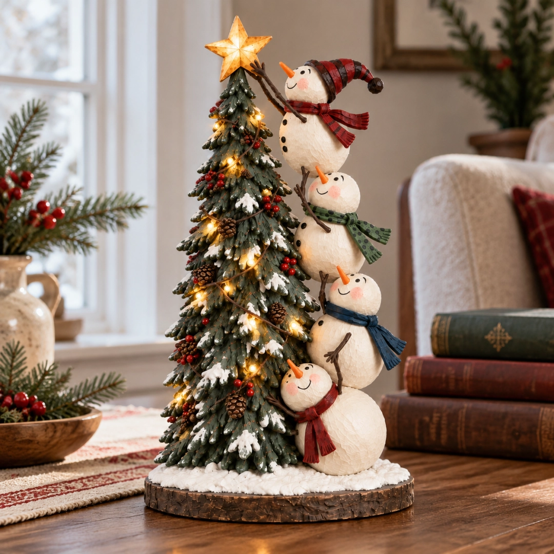 🎄⛄ Lighted Snowmen Decorating Christmas Tree Figurine