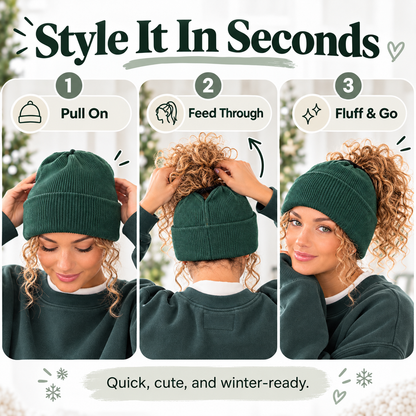 💚❄️ Women's Winter Ponytail Beanie Hat 🧶✨ Cozy Warm Knit Hat with Messy Bun Opening 🎀 Stretchy Ribbed Cuff Beanie for Cold Weather ☃️💕 5 Colors Available 🌈🎁
