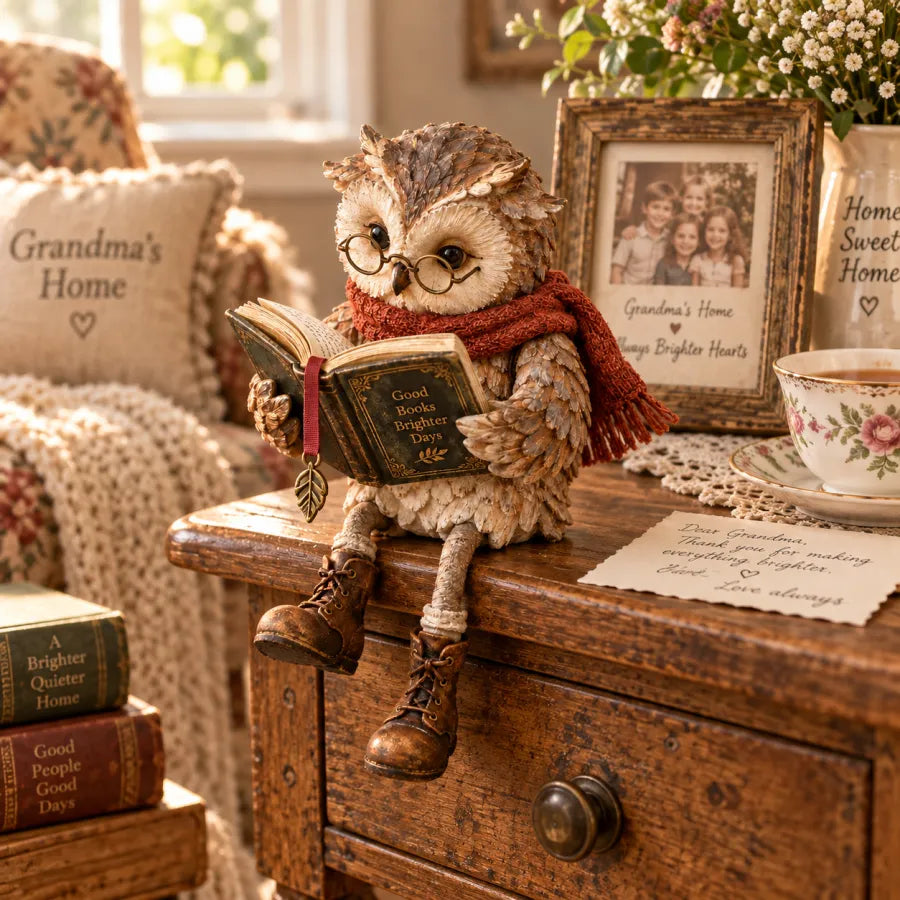 Reading owl figurine displayed beside family photograph and tea cup