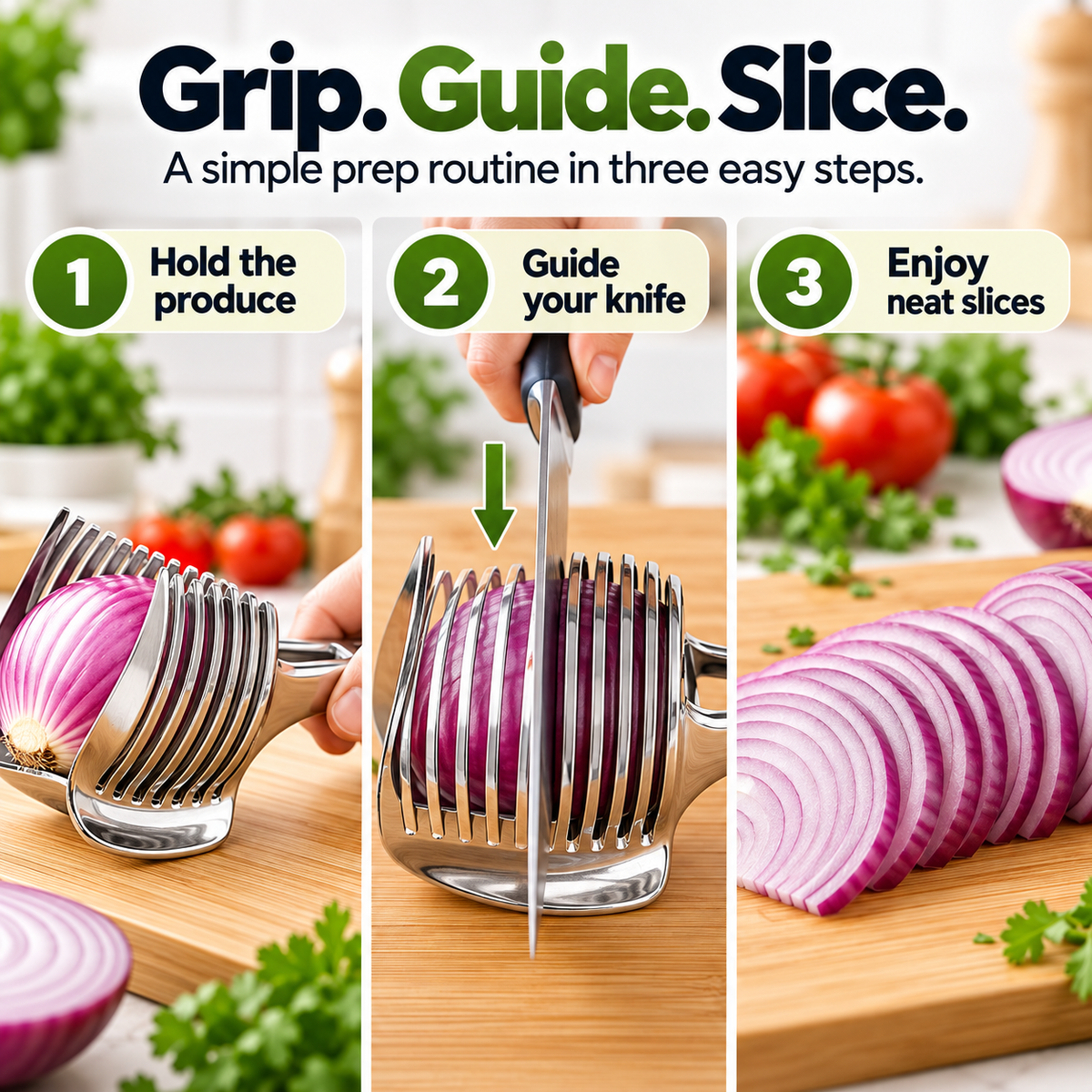 Stainless Steel Onion & Vegetable Slicing Guide – Easy-Grip Food Holder for Even Cuts