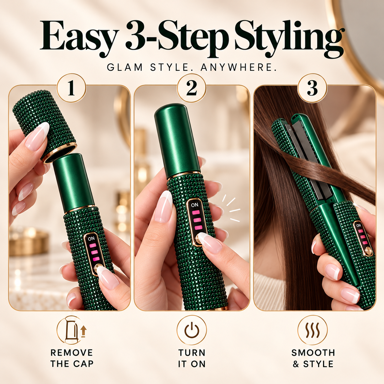 Three illustrated steps showing rhinestone mini flat iron cap removal power control and styling a small hair section