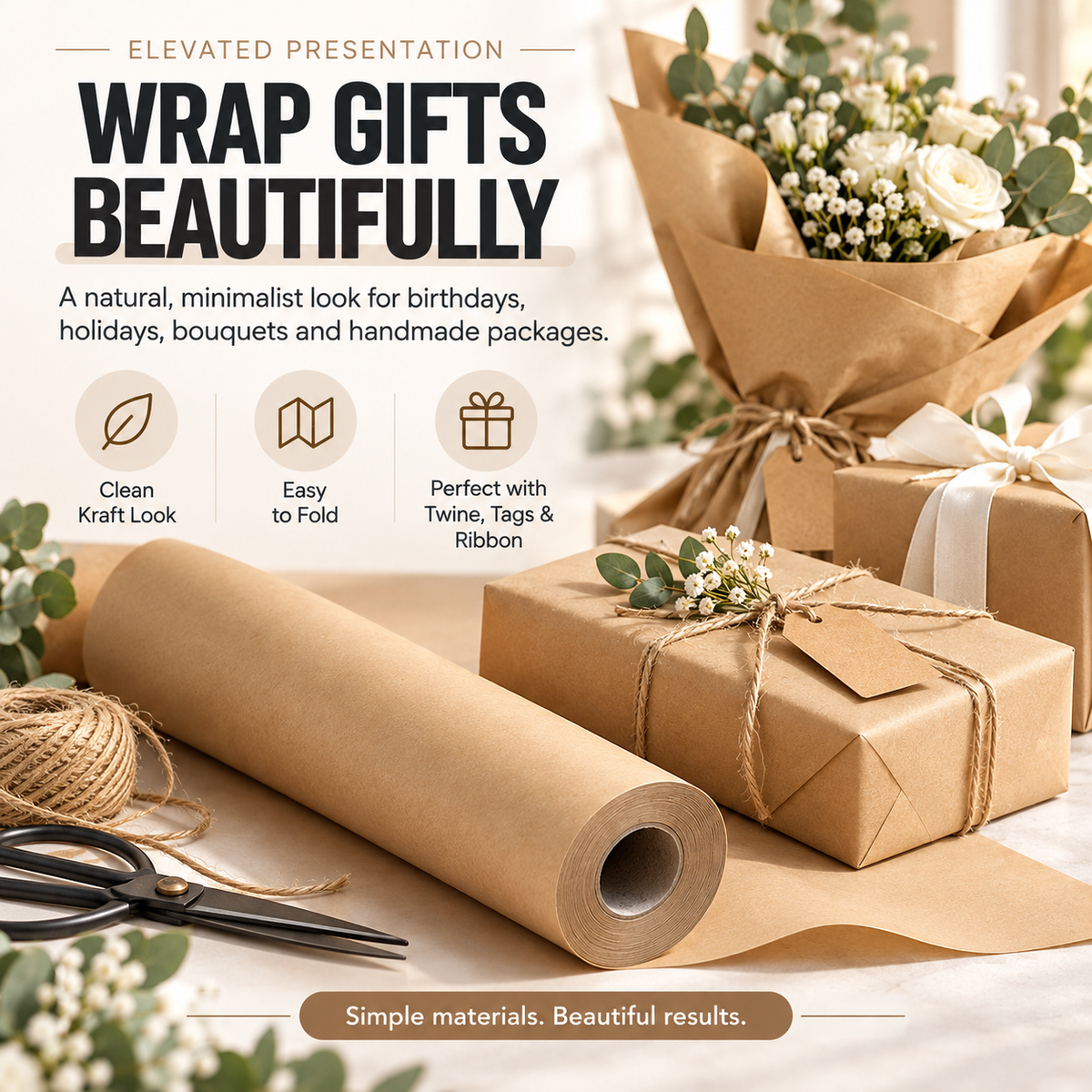 Kraft paper used to wrap elegant gift boxes and white flower bouquets with ribbon and twine