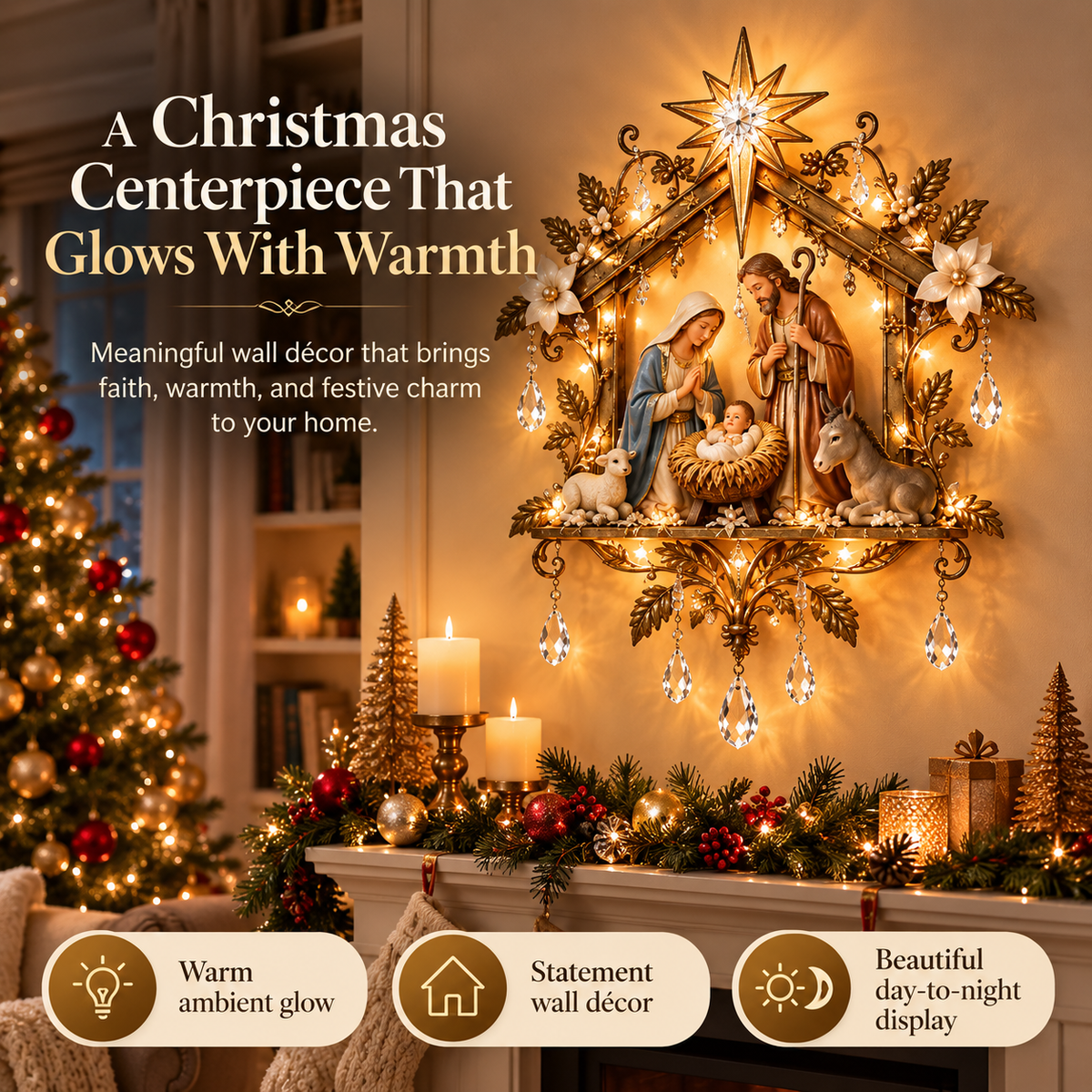 Illuminated Nativity Wall Decor – Lighted Holy Family Christmas Display
