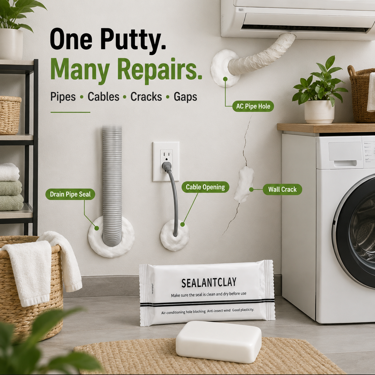 Wall Hole Repair Sealant Putty for AC Pipe Gaps, Wall Cracks & Plumbing Repairs
