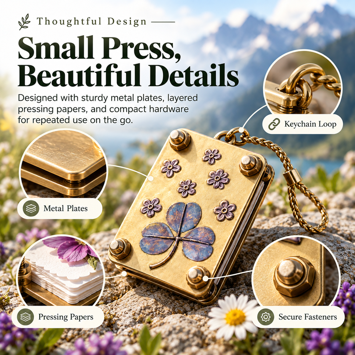 Mini flower press construction with metal plates pressing paper secure fasteners and keychain loop