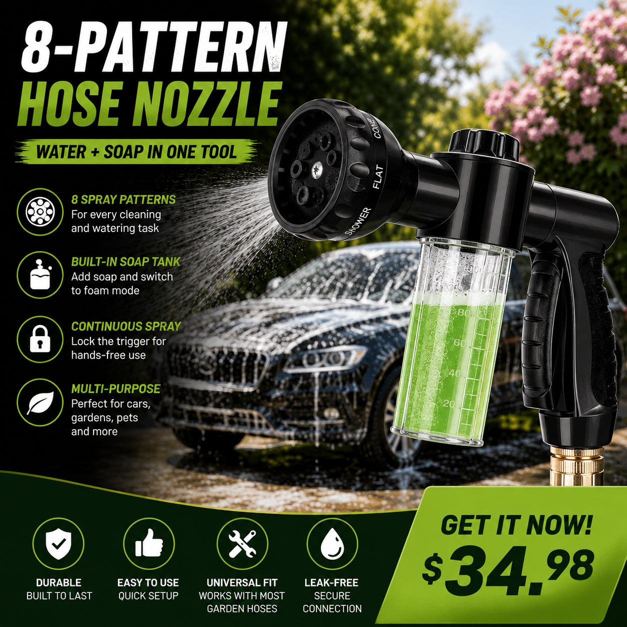 8-Pattern Garden Hose Nozzle with Built-In Soap Dispenser