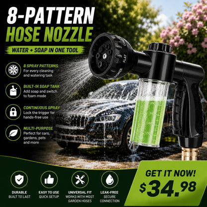 8-Pattern Garden Hose Nozzle with Built-In Soap Dispenser