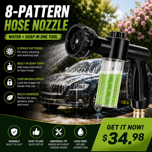 8-Pattern Garden Hose Nozzle with Built-In Soap Dispenser