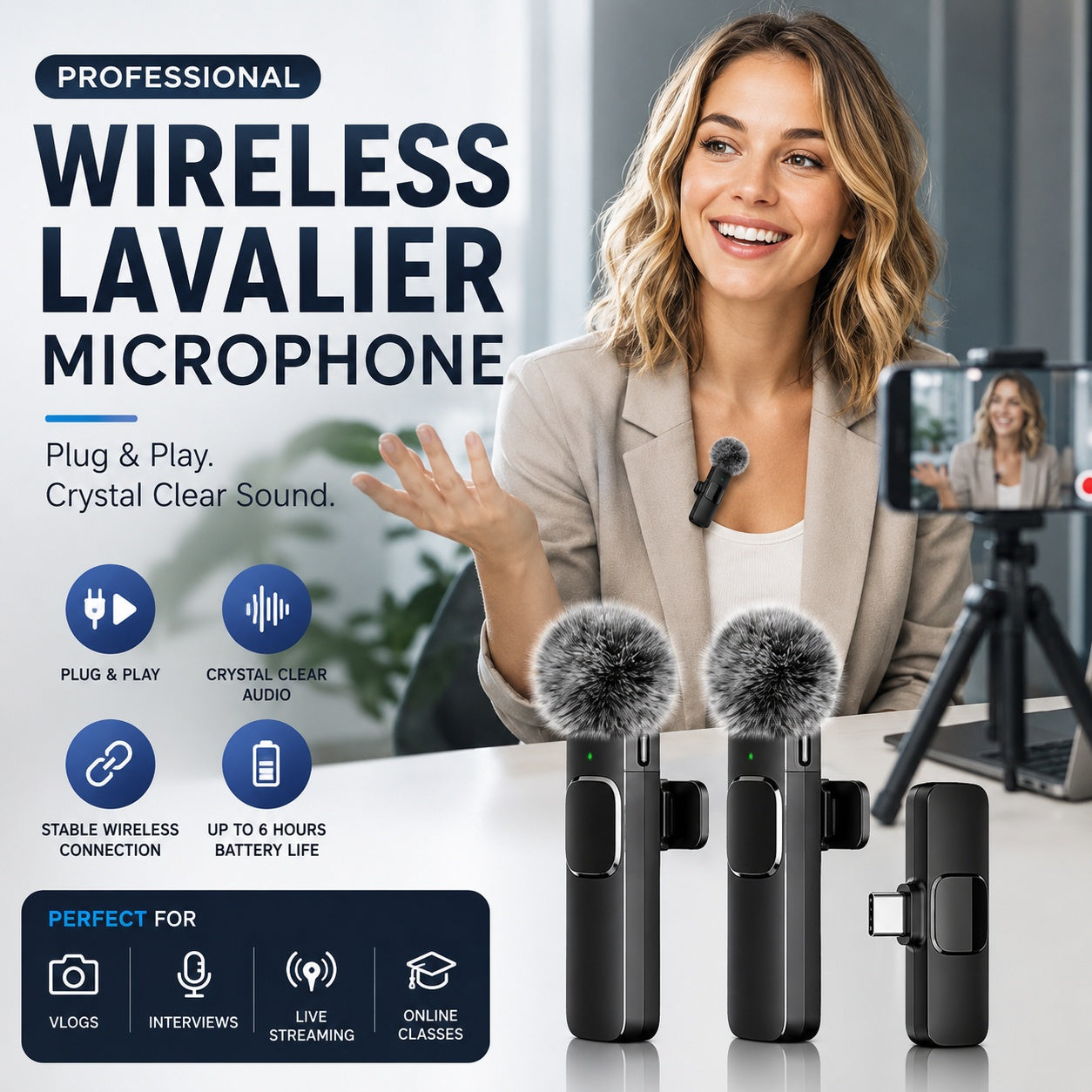 2 Pcs Wireless Lavalier Microphone for iPhone & Android | Plug & Play Dual Mic