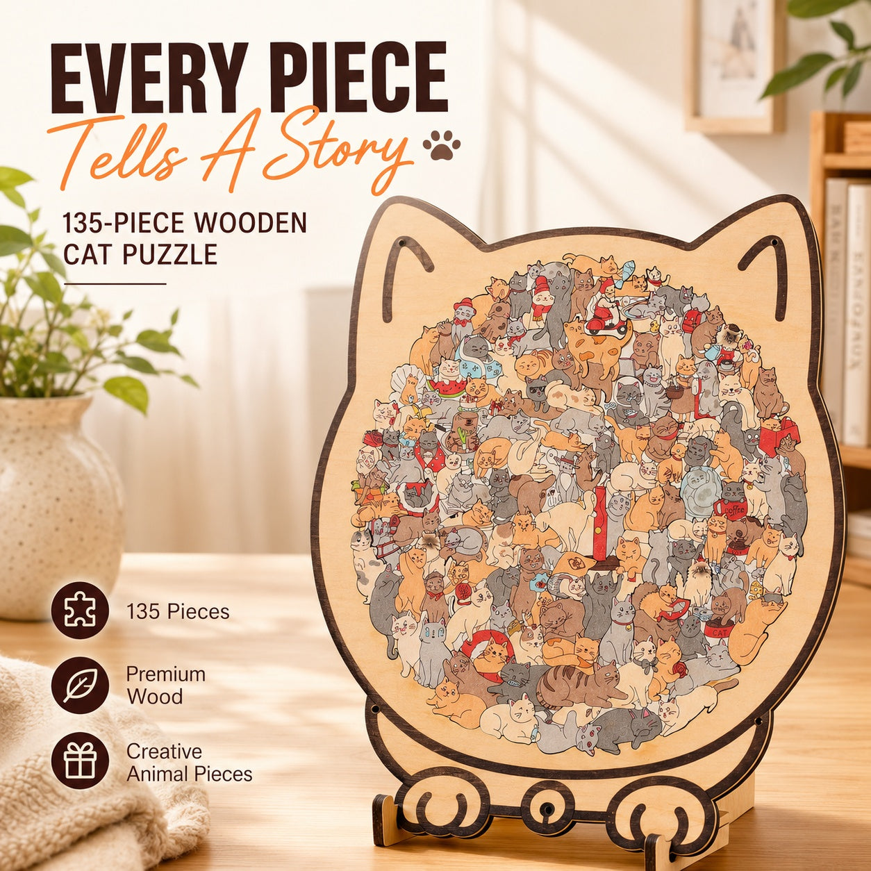 🔥Flash Sale: 50% OFF🎁Every Piece Is a Cat – 135-Piece Wooden Puzzle for Cat Lovers