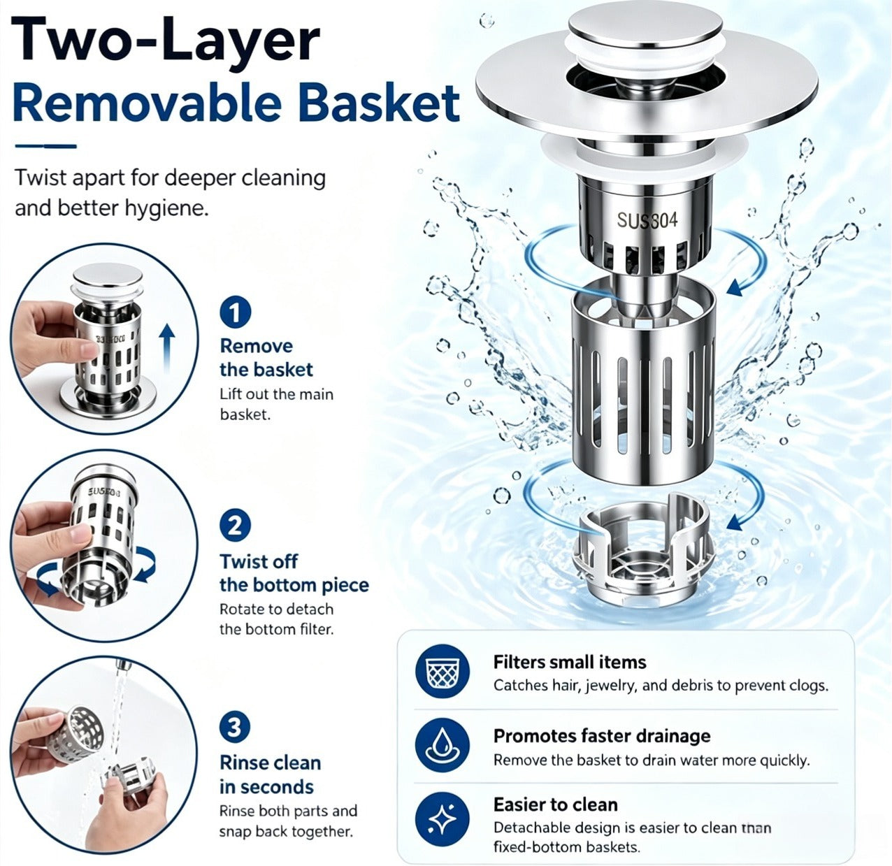 🔥The Ultimate 3-in-1 Pop-Up Sink Strainer