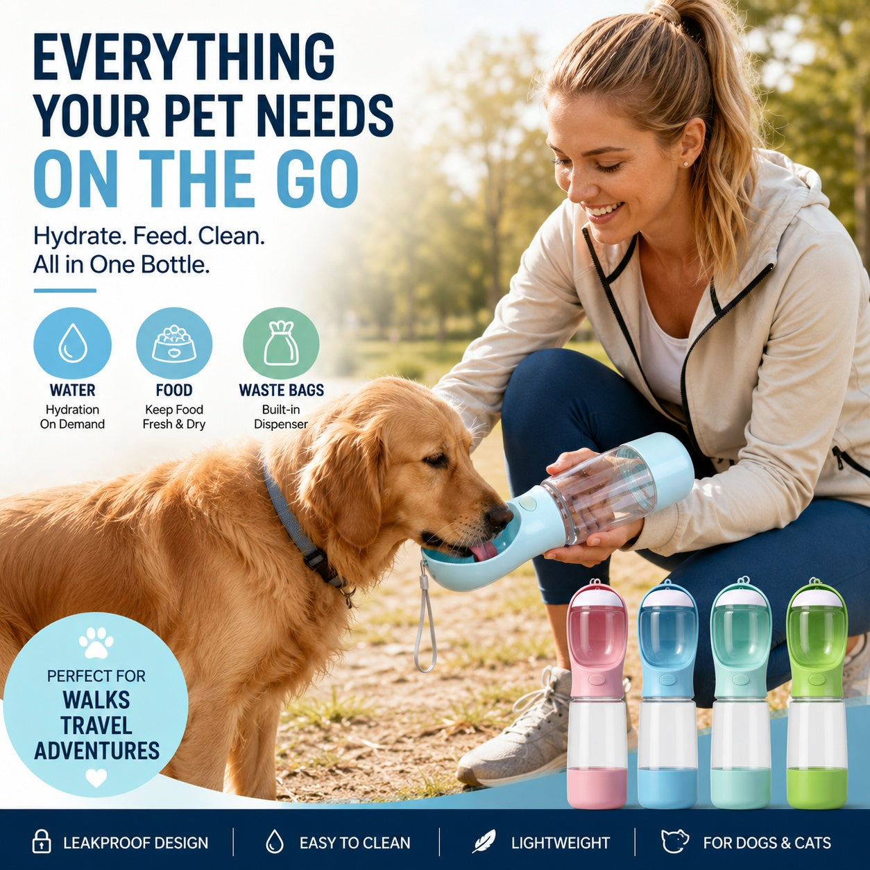 3-in-1 Portable Pet Water Bottle|Water • Food • Waste Bags — Everything Your Pet Needs On The Go