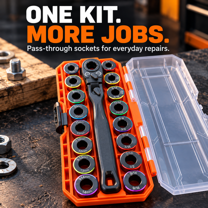 🔧🧰 Flex-Head Pass-Through Ratchet & Socket Set – Metric & SAE Sizes with Storage Case