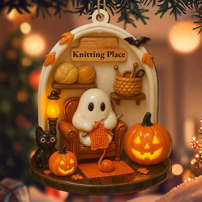 Halloween Reading Nook Wooden Ornament – Cozy Book Lover Gift