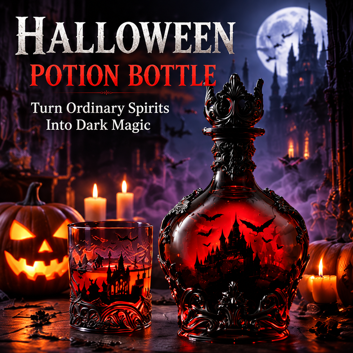 Gothic Halloween potion bottle and matching glass with haunted castle design