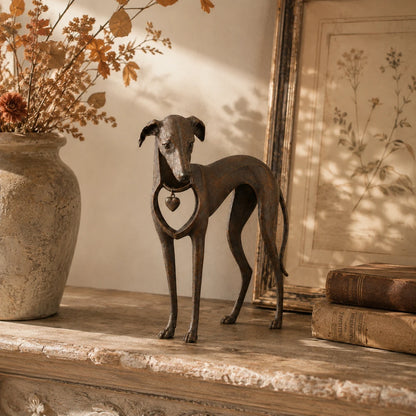 Heritage Heart Sighthound Sculpture – Vintage Iron Dog Accent for Timeless Interiors