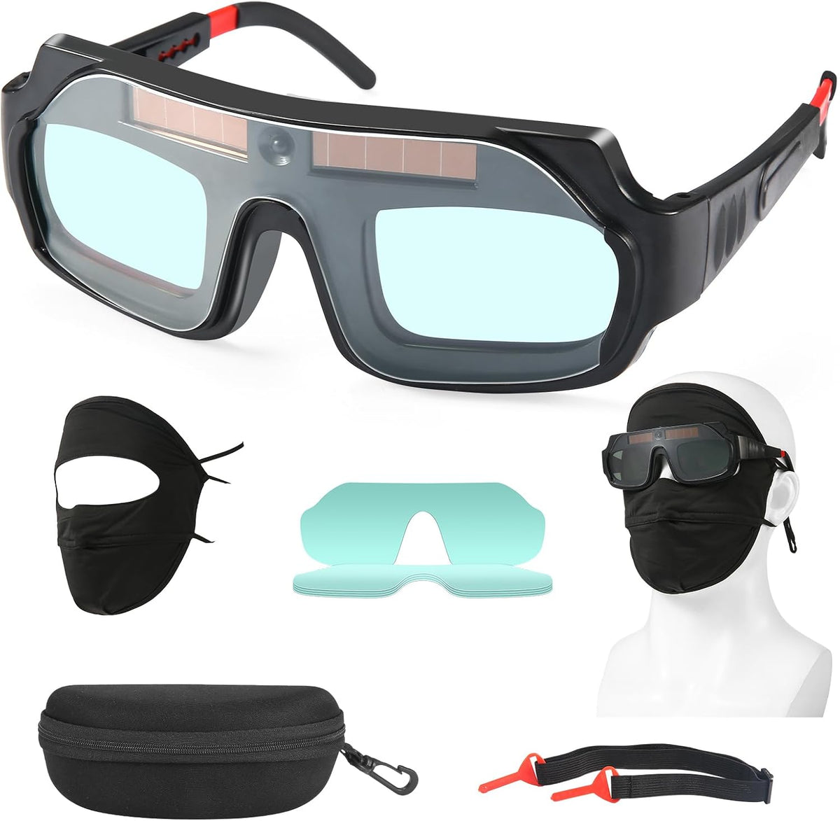 Auto darkening welding glasses set with face covering accessories
