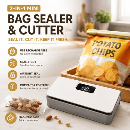 Rechargeable 2-in-1 Mini Bag Sealer & Cutter|Seal Freshness. Cut Waste. Save Every Bite.