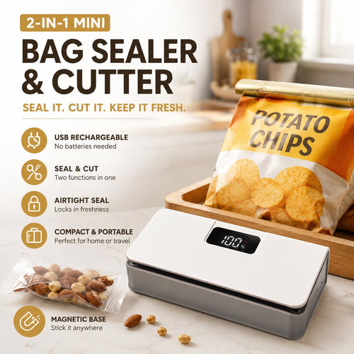 Rechargeable 2-in-1 Mini Bag Sealer & Cutter|Seal Freshness. Cut Waste. Save Every Bite.