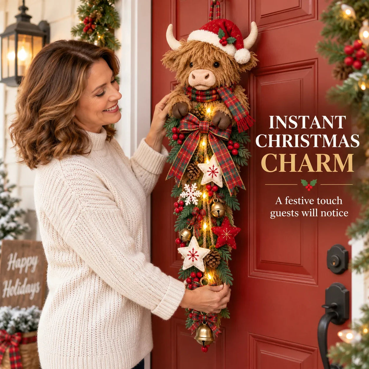 Lighted Highland Cow Christmas Door Swag - product image 2