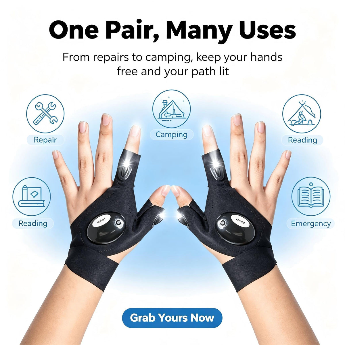 LED finger light gloves shown with repair camping reading and emergency use cases