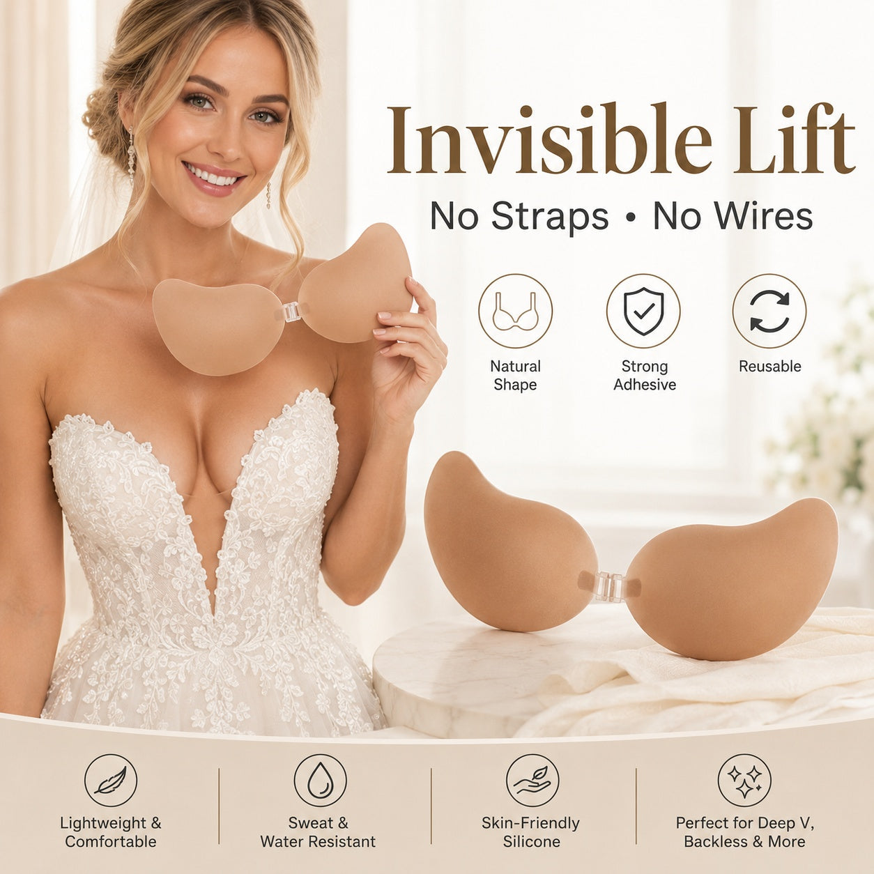 🏆LAST DAY SALE 30% OFF🔥Invisible Lift Adhesive Bra Inserts | Strapless Push-Up Bra for Wedding, Deep V & Backless Dresses