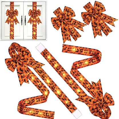 Light-Up Halloween Door Bow Garland – Pumpkin & Bat Decor