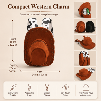 🤠 Western Cowboy Hat Shaped Backpack Cow Print Straps Mini Leather Purse 🎒