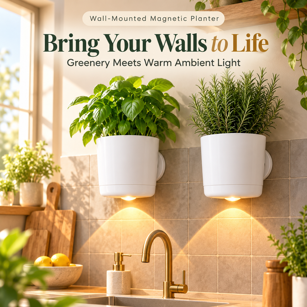 White wall-mounted magnetic planter with green plants and warm LED lighting