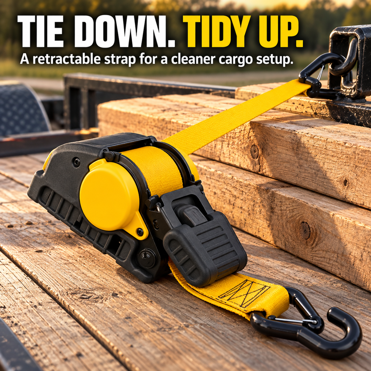 🪝🚚 Retractable Ratchet Tie-Down Strap – Auto-Rewind Webbing & Dual Hooks for Cargo, Trailers & Outdoor Gear