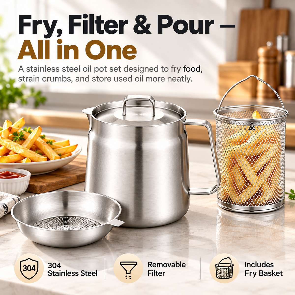Stainless steel fryer pot with fitted lid, oil filter and metal fry basket containing golden French fries