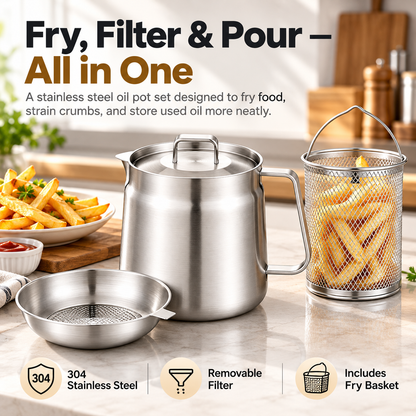 🍟✨ 3-in-1 Stainless Steel Deep Fryer Pot with Oil Filter & Fry Basket 🥘💧 304 Stainless Steel Cooking Oil Strainer & Storage Container 🍗🔥 Easy-Pour Design for Home Kitchen 🍳💖 1.5L/2L Available