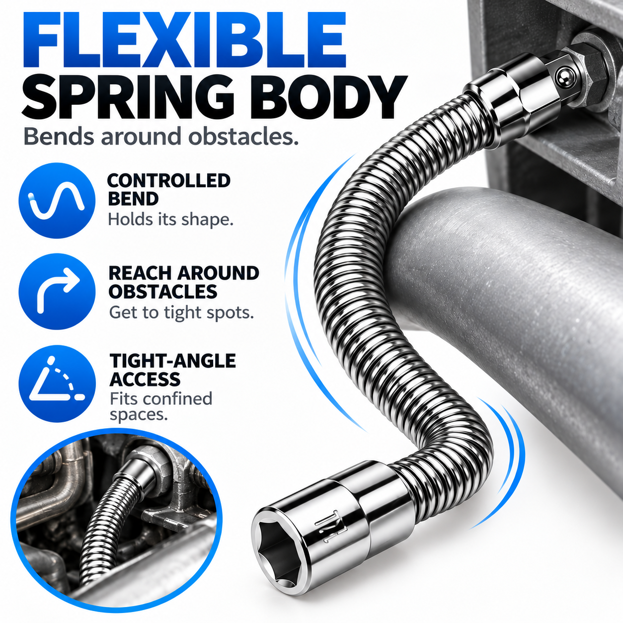 Flexible spring-body socket extension bent around a corner to reach a confined fastener
